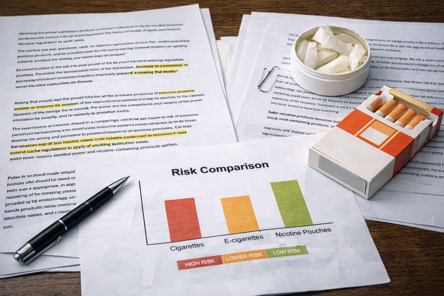 Public health reports and risk comparisons showing cigarettes alongside safer nicotine alternatives on a desk.