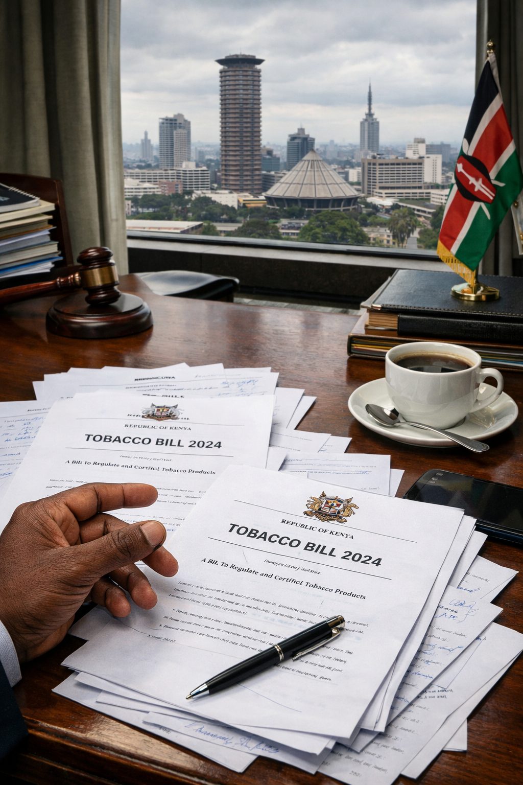 Kenyan parliamentary office scene with Tobacco Bill 2024 documents on desk, representing the legislative debate over nicotine product regulation.