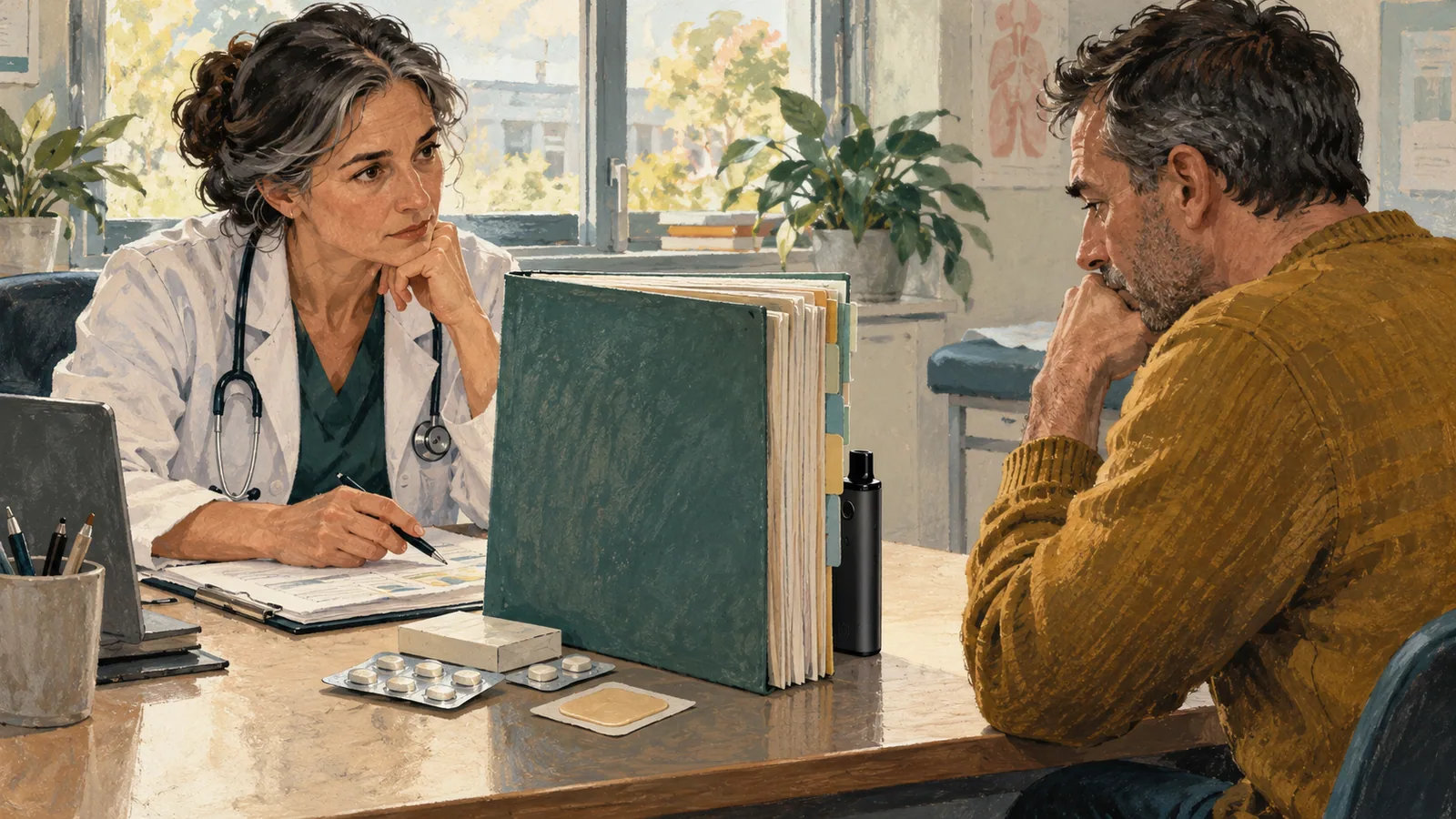 Illustration of a clinician and adult patient discussing treatments, with a vape partly hidden behind a research folder.