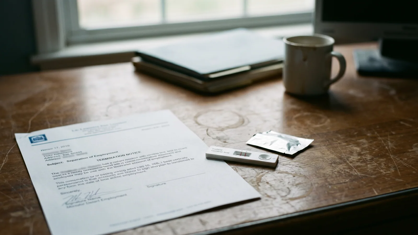 A close-up documentary photo of a used nicotine test strip lying on a worn wooden desk next to an employment termination letter.