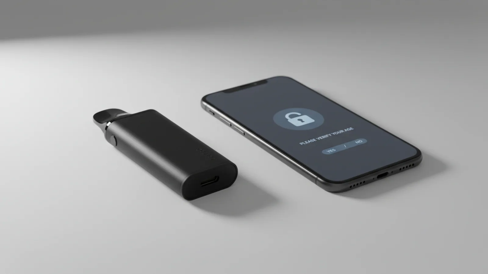 A vape device sits beside a smartphone showing an age verification screen, illustrating the proposed tech solution for youth access prevention.