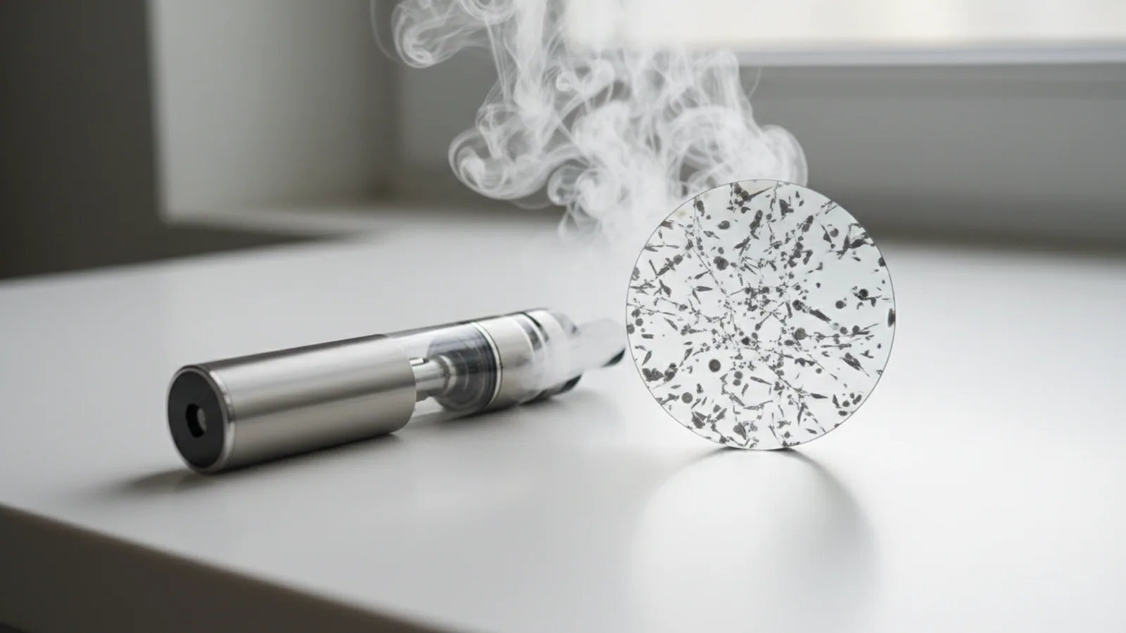 A vape device emitting vapor next to a microscopic image of air pollution particulates.