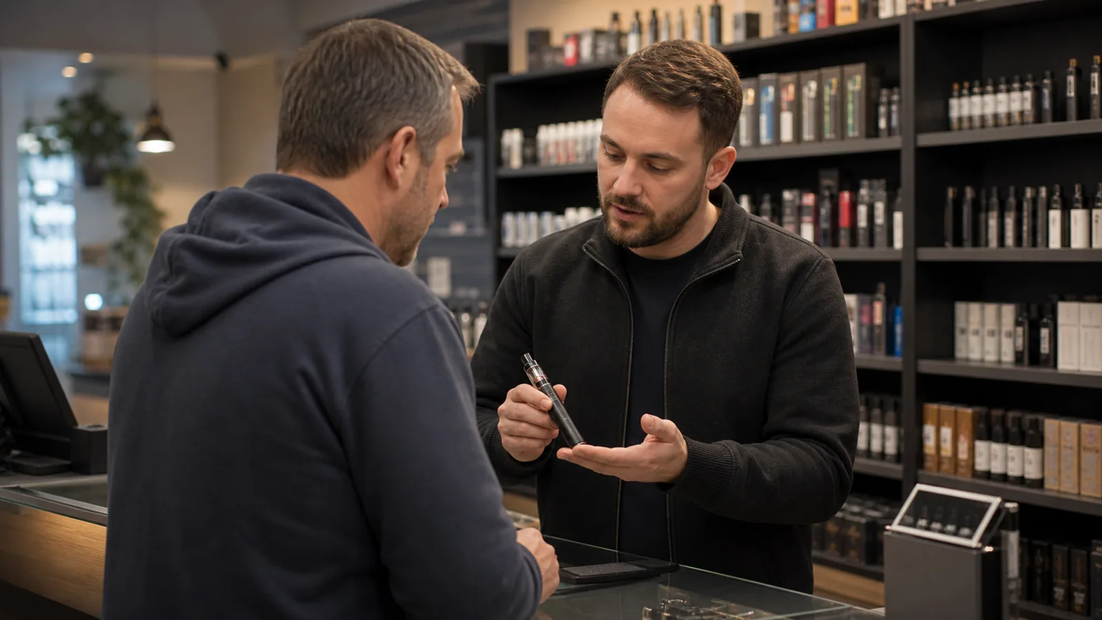 A vape shop worker explains a device to an adult customer at the counter.
