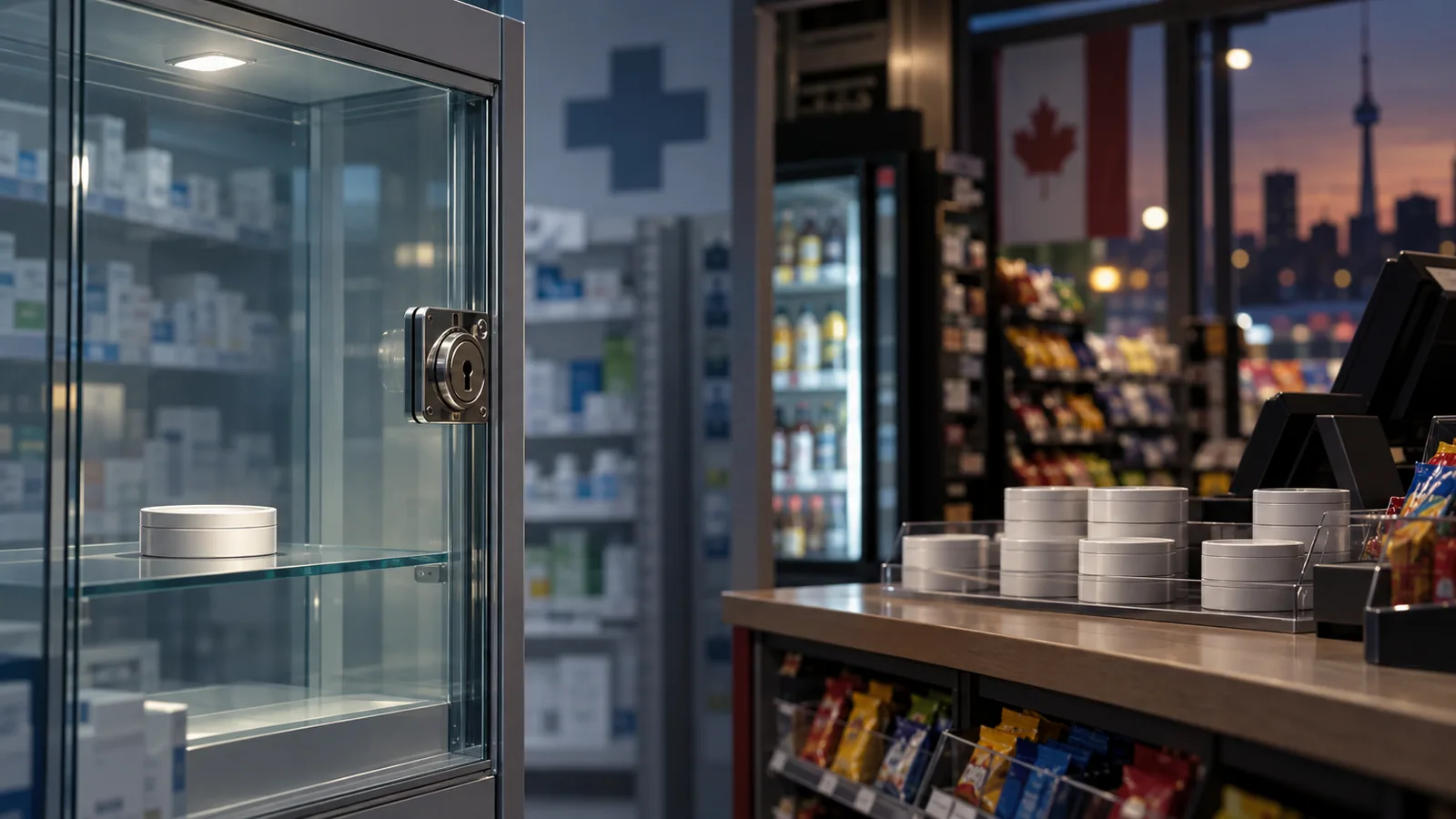 Locked pharmacy cabinet beside unbranded nicotine pouch tins at a convenience-store counter.