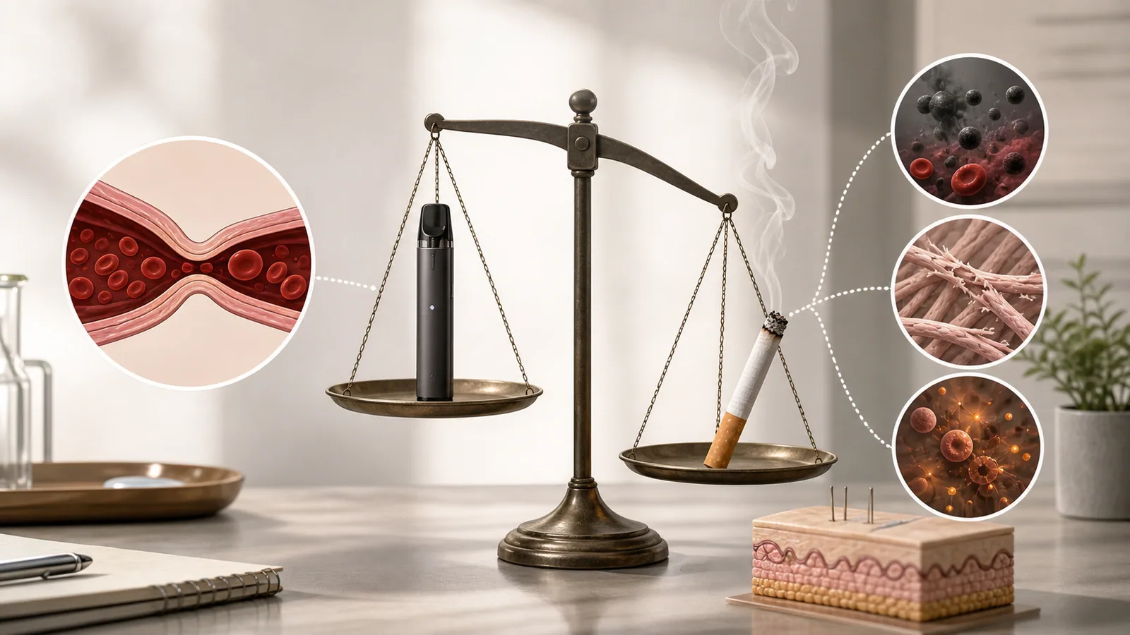 A scale compares a vape device and cigarette with skin-healing symbols.
