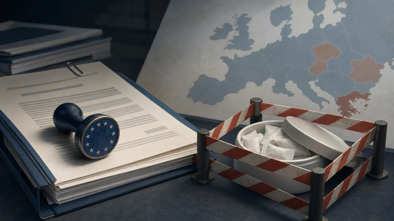 EU policy documents and nicotine pouches boxed behind red-and-white barriers.