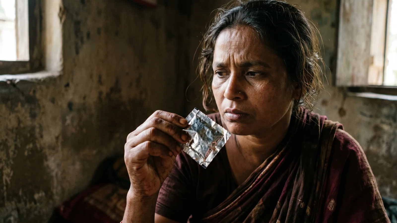 A person in Bangladesh holding a traditional smokeless tobacco product, looking concerned.
