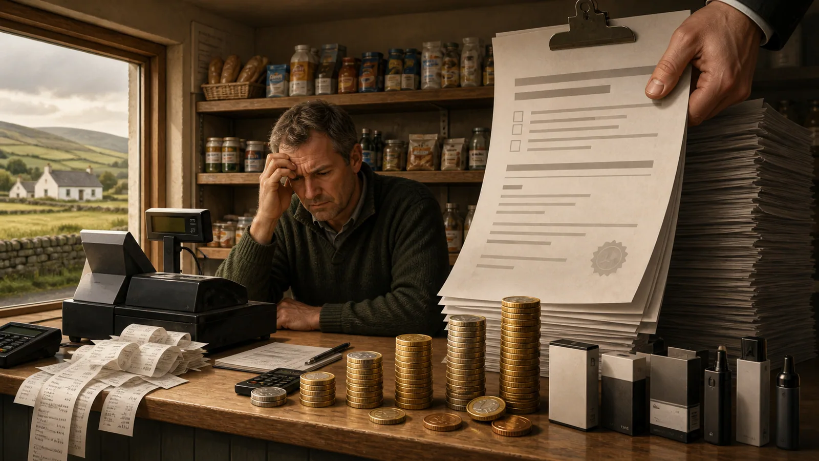 A rural shopkeeper reviews licence paperwork beside coins and receipts.