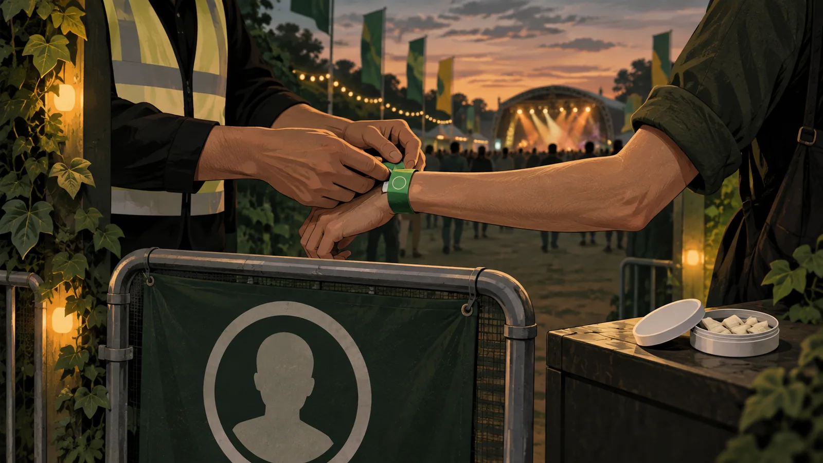 Festival wristband being checked beside an adult-only entrance and nicotine pouch tin.
