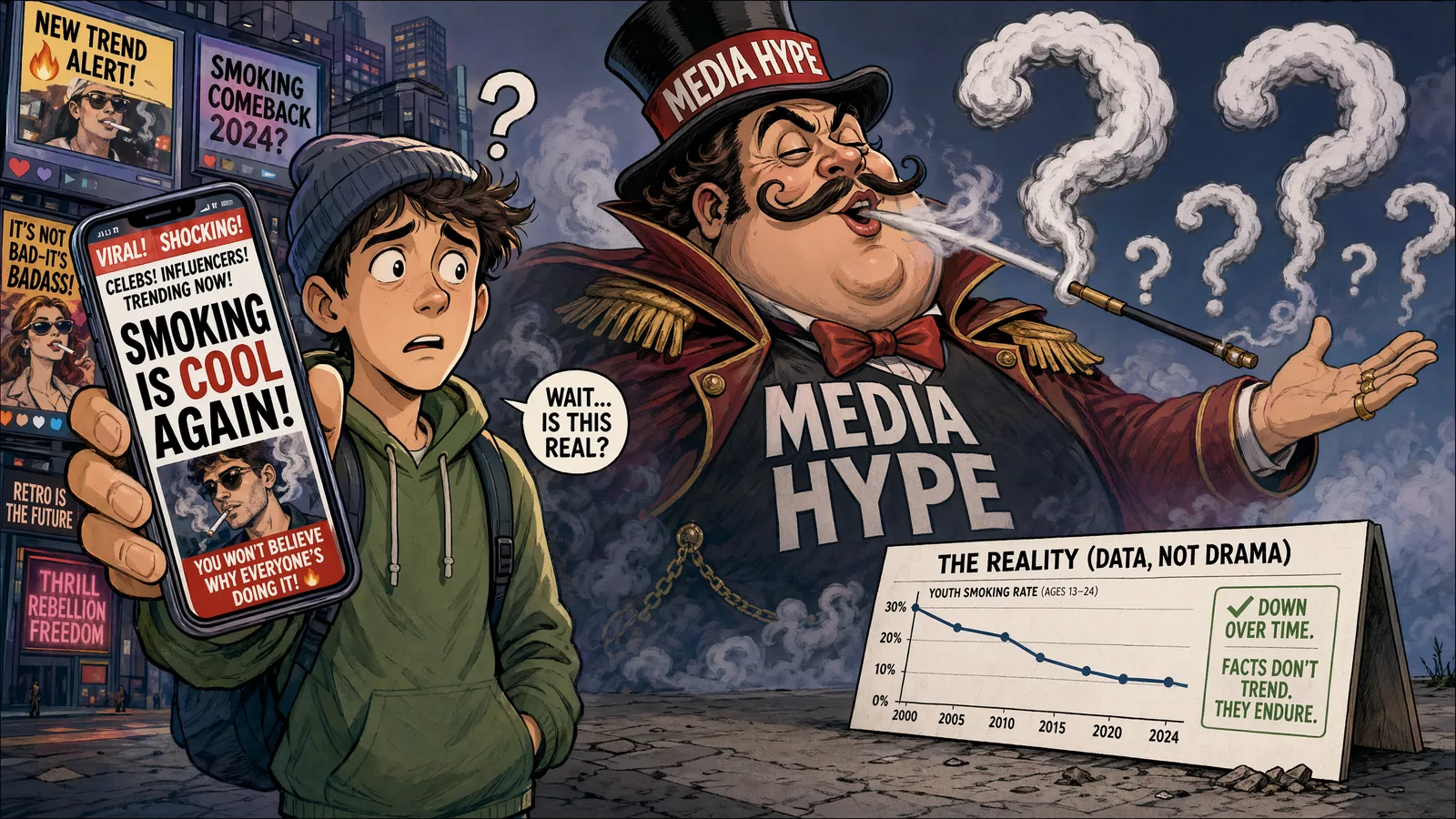 A satirical cartoon showing a young person confronted by exaggerated media headlines about smoking, while a small chart shows stable data.