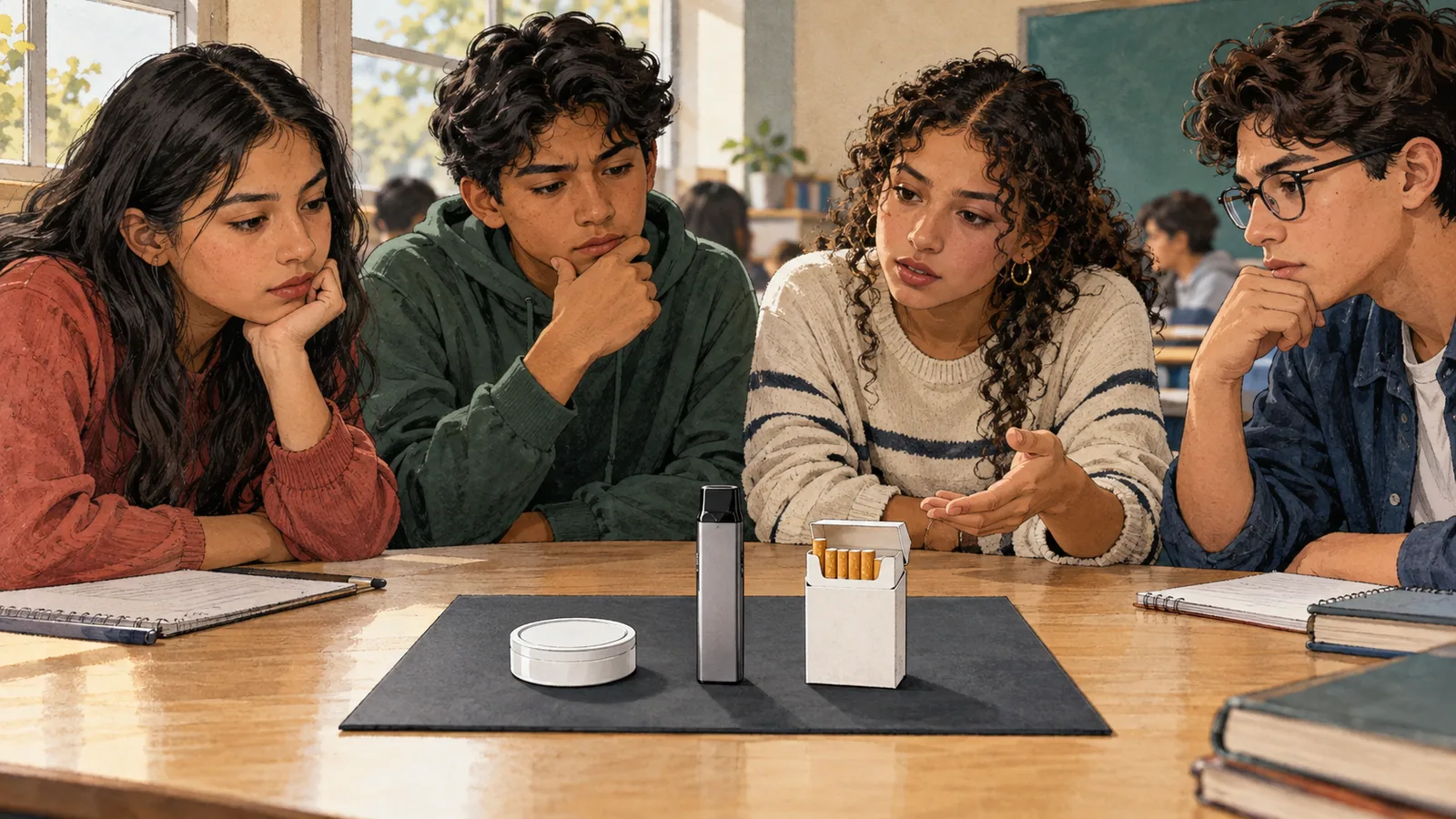 Students discuss generic nicotine pouch, vape and cigarette products at a classroom table.