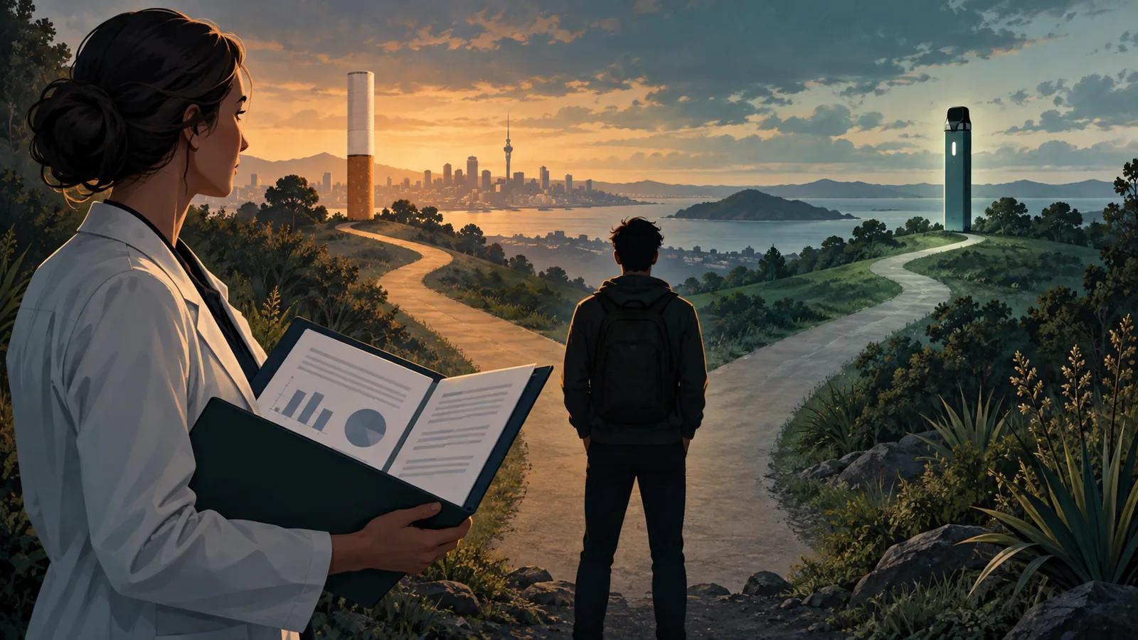 Researcher with evidence folder beside paths representing cigarettes and vaping.
