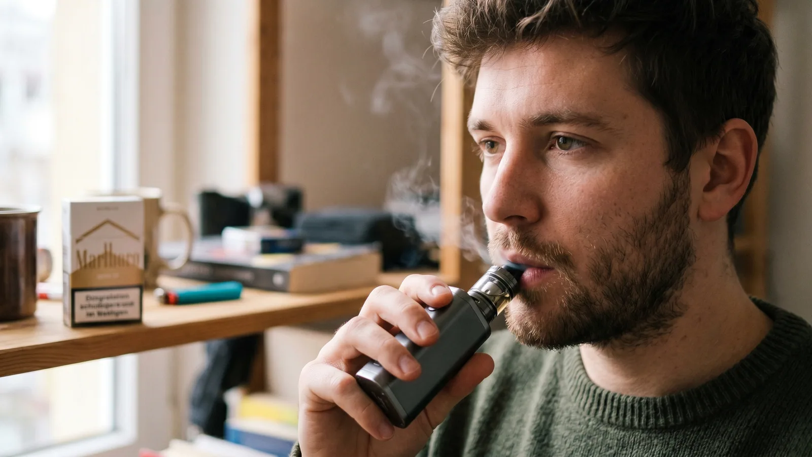 Person vaping with a cigarette pack in the background