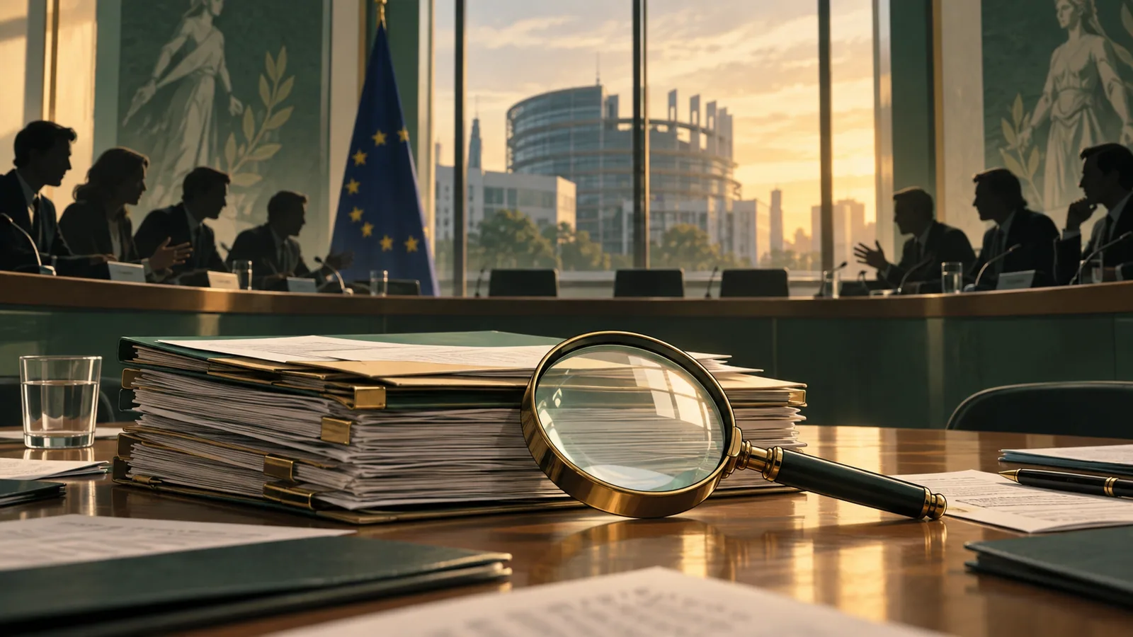Evidence folders and a magnifying glass at an EU policy hearing.