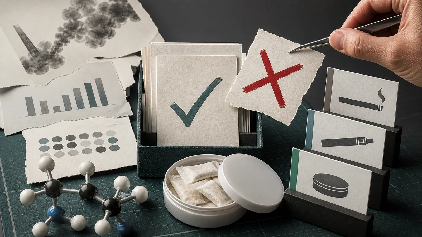 Evidence cards, nicotine pouches, and product symbols arranged on a fact-checking desk.