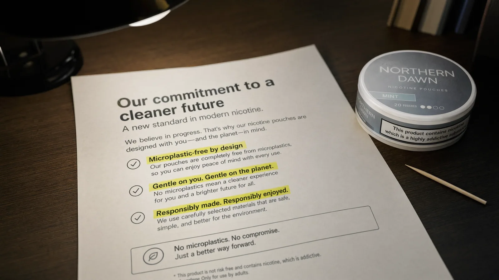 A marketing document with highlighted false claims about nicotine pouches lies on a desk next to a birchwood toothpick and a pouch packet.