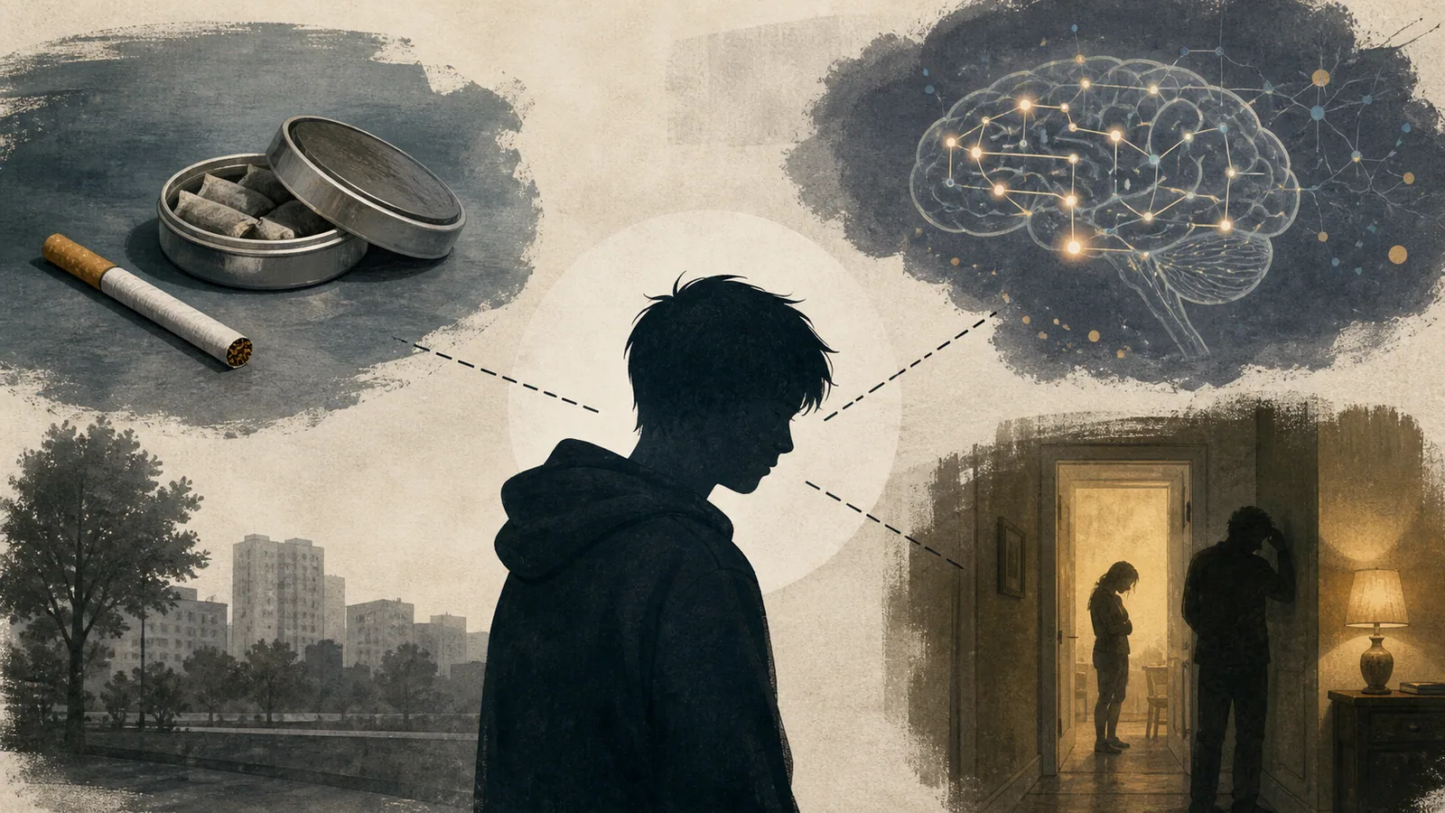 Teen silhouette surrounded by competing explanations for nicotine use and poor mental health.