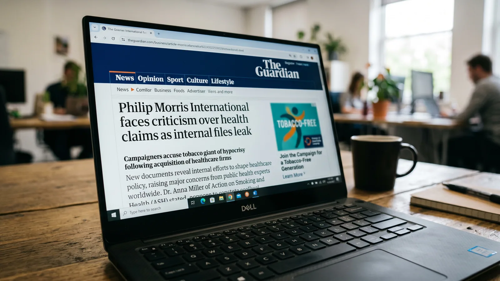 A Guardian article on a laptop screen with a headline about Philip Morris and a blurred ad for a tobacco-free campaign.