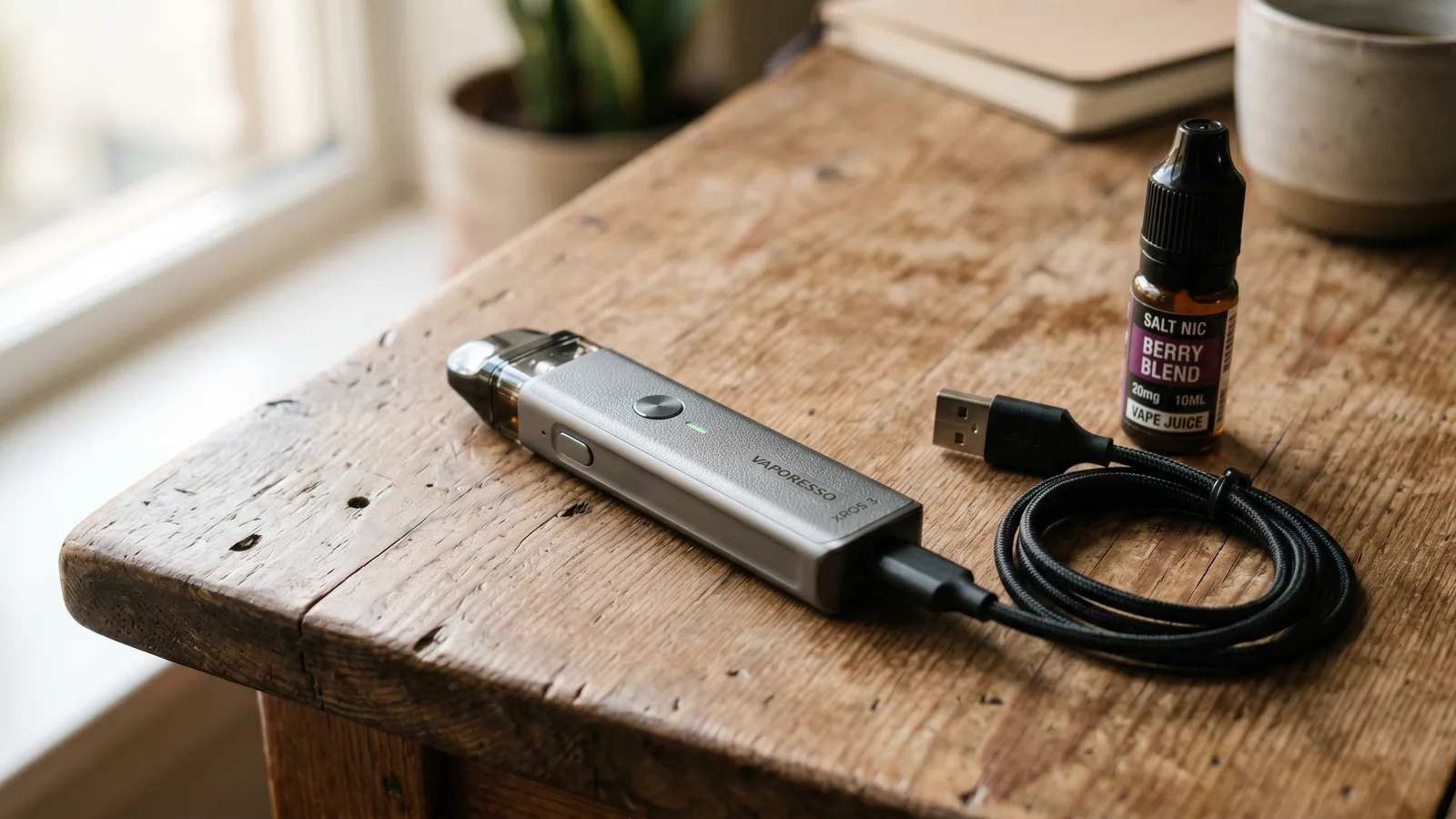 A rechargeable vape pod system with a charging cable and e-liquid bottle on a wooden table.