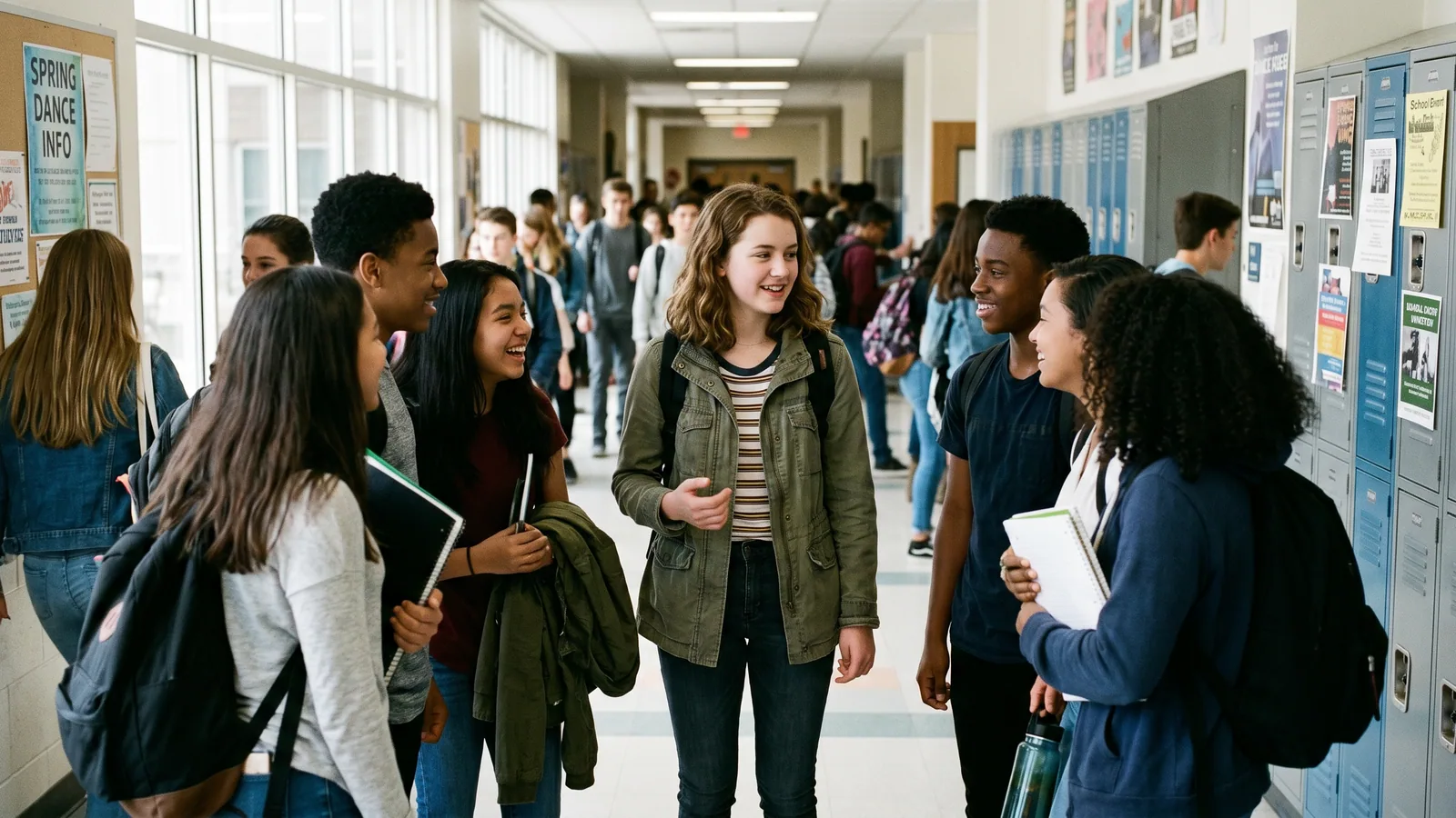 Teenagers in a school hallway, central student surrounded by peers.