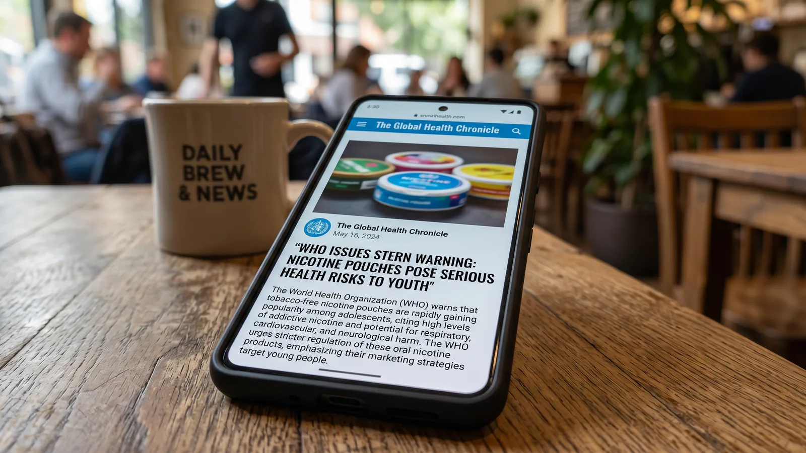 A newspaper or digital article with a headline about WHO warnings on nicotine pouches.