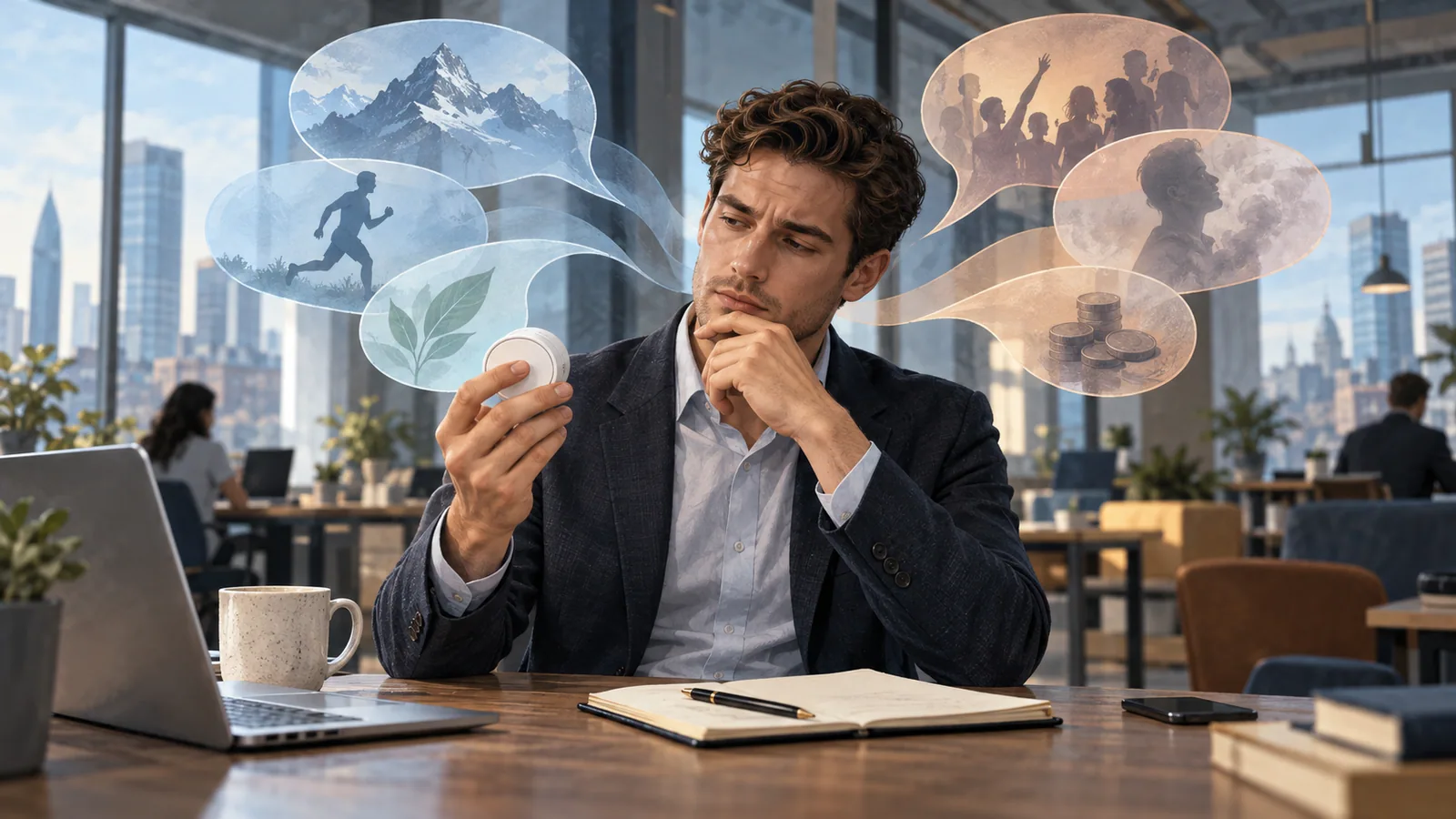 Professional considers a generic nicotine pouch tin amid abstract images suggesting competing marketing claims.