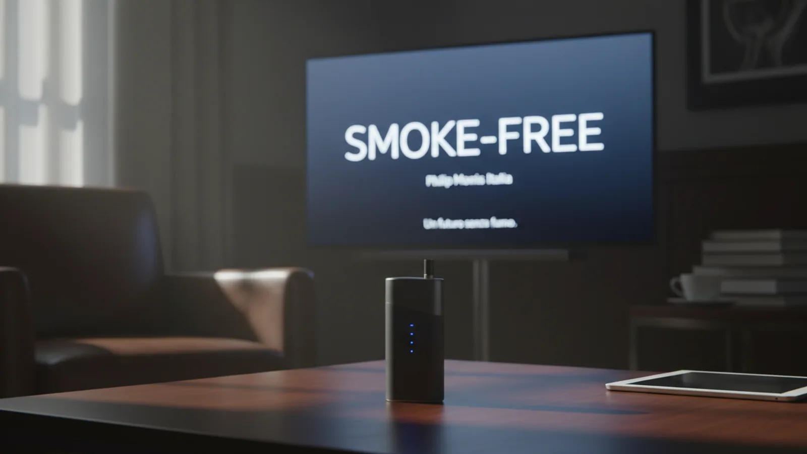 Philip Morris Italia advertisement with 'smoke-free' text and a heated tobacco device.
