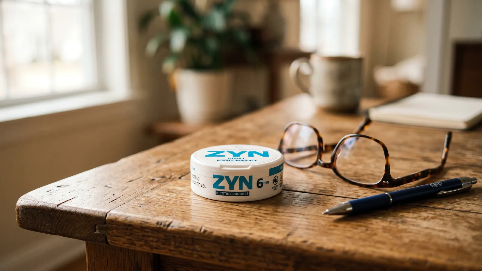 A nicotine pouch package on a wooden table with glasses and a pen.