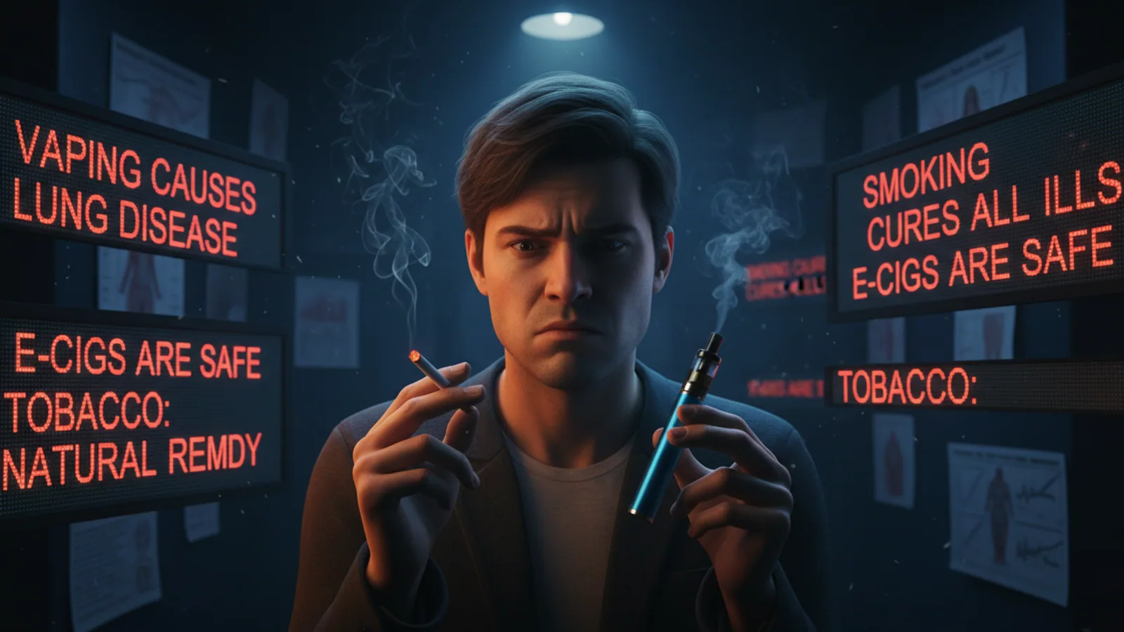 A person holding a cigarette and a vape pen, looking conflicted, with medical charts in the background.
