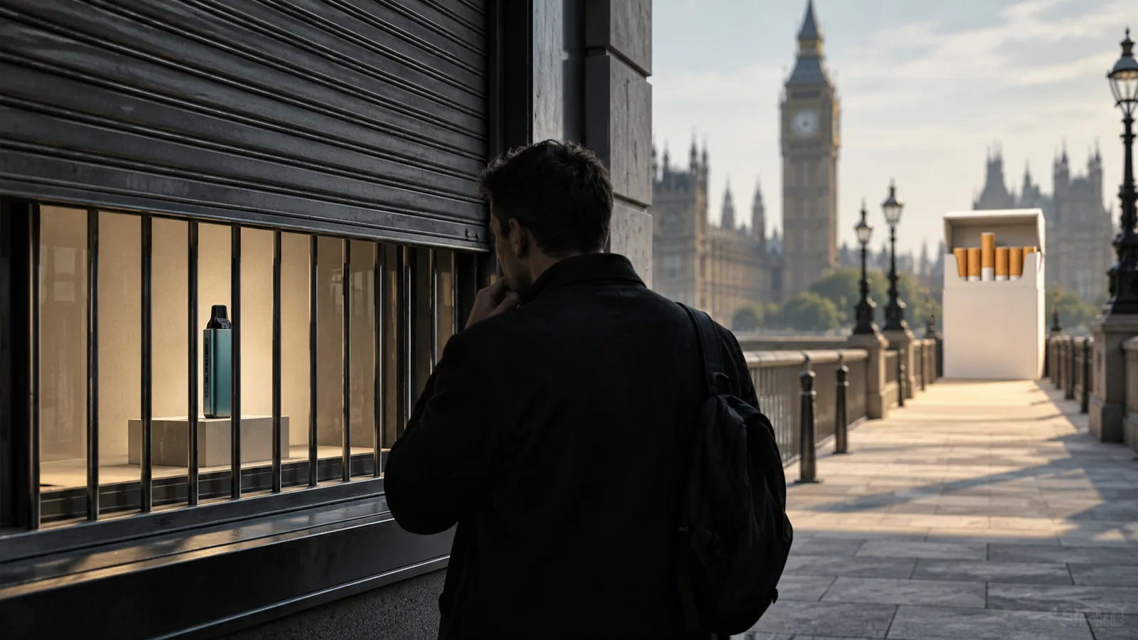 An adult looks toward a generic vape behind a shuttered display as cigarettes remain accessible.