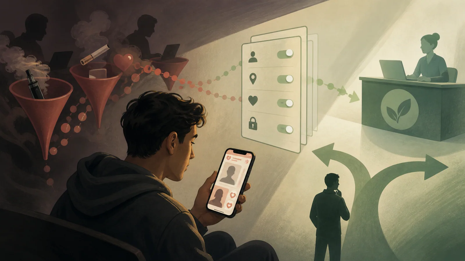 Dating app user shown beside marketing funnels and privacy controls.