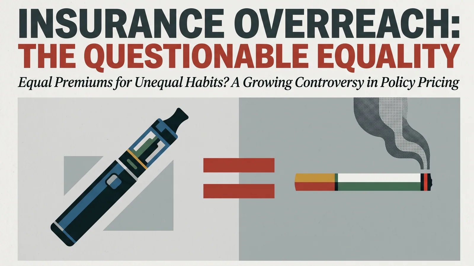 An editorial illustration showing a vape device and a cigarette separated by an equals sign, representing their unfair equal treatment by UK life insurance companies.