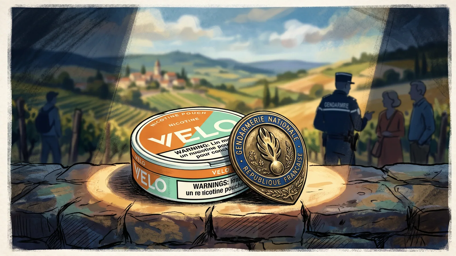 A nicotine pouch tin next to a French police badge, symbolizing the absurdity of the ban