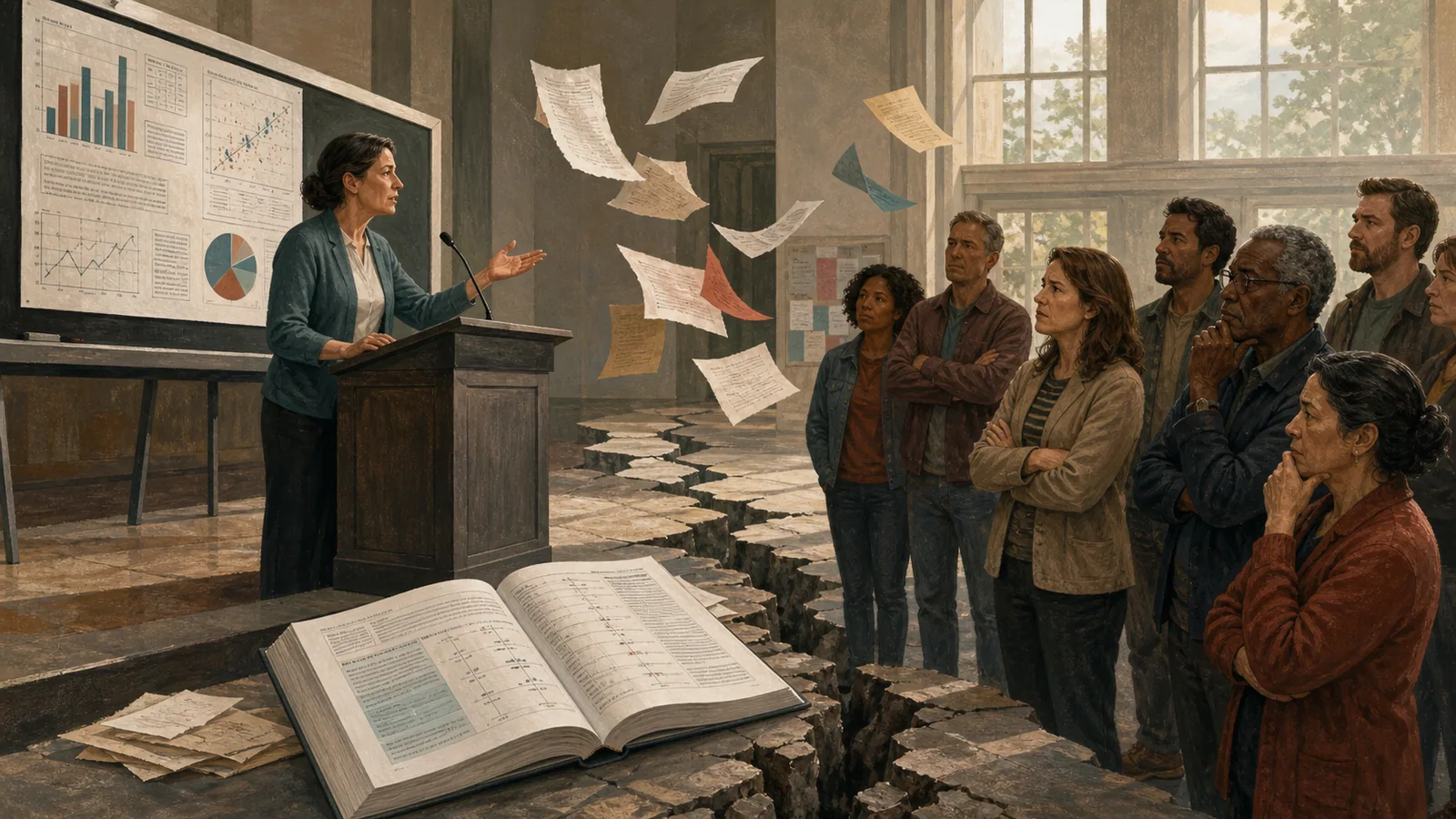 Public health speaker and citizens divided by a fractured floor beside an open scientific review.