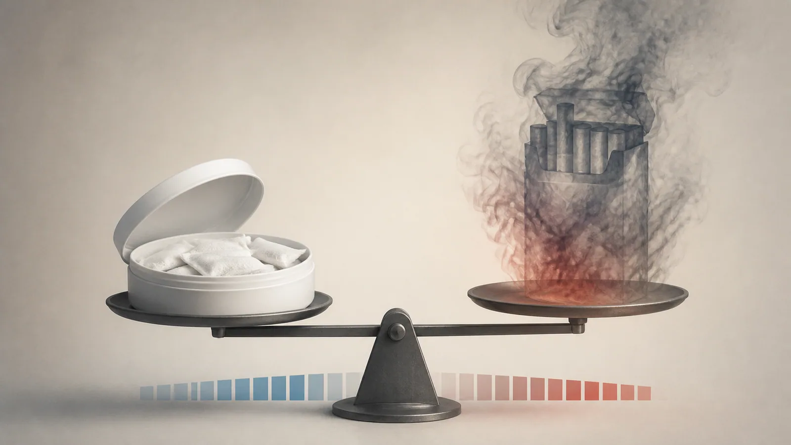 Nicotine pouches and cigarettes balanced on a risk scale.