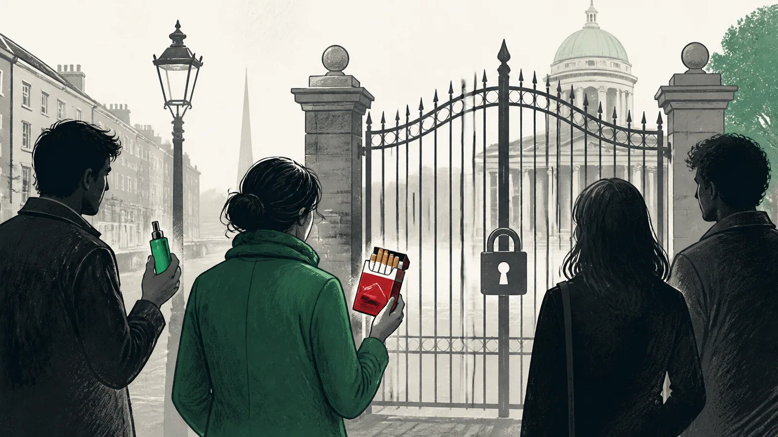 Adults outside a locked gate holding vaping and cigarette products.