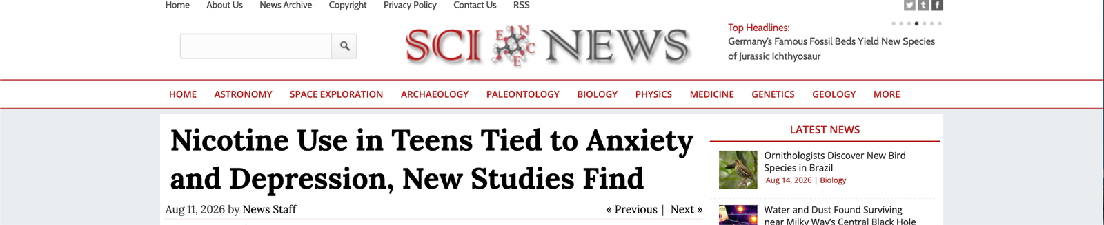 Screenshot of SCI News headline linking teen nicotine use to anxiety and depression.