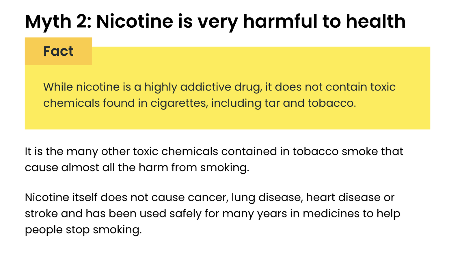 NHS graphic explaining that nicotine is addictive but does not cause cancer or smoking-related disease.