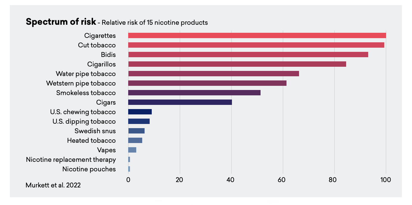 Chart showing the relative risk spectrum of nicotine products, with cigarettes highest and nicotine pouches lowest.