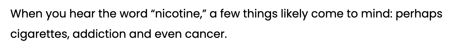 Screenshot of a HuffPost line linking nicotine with cigarettes, addiction, and cancer.