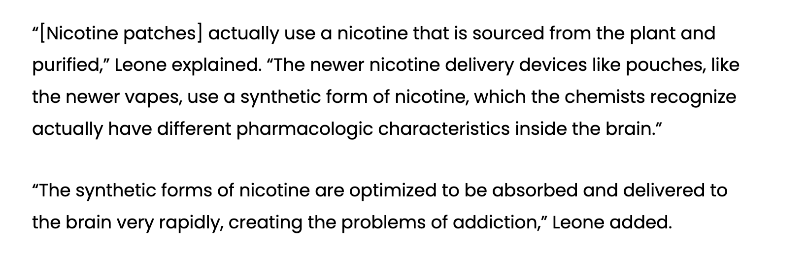Screenshot of Frank Leone quotes about synthetic nicotine in pouches and vapes.