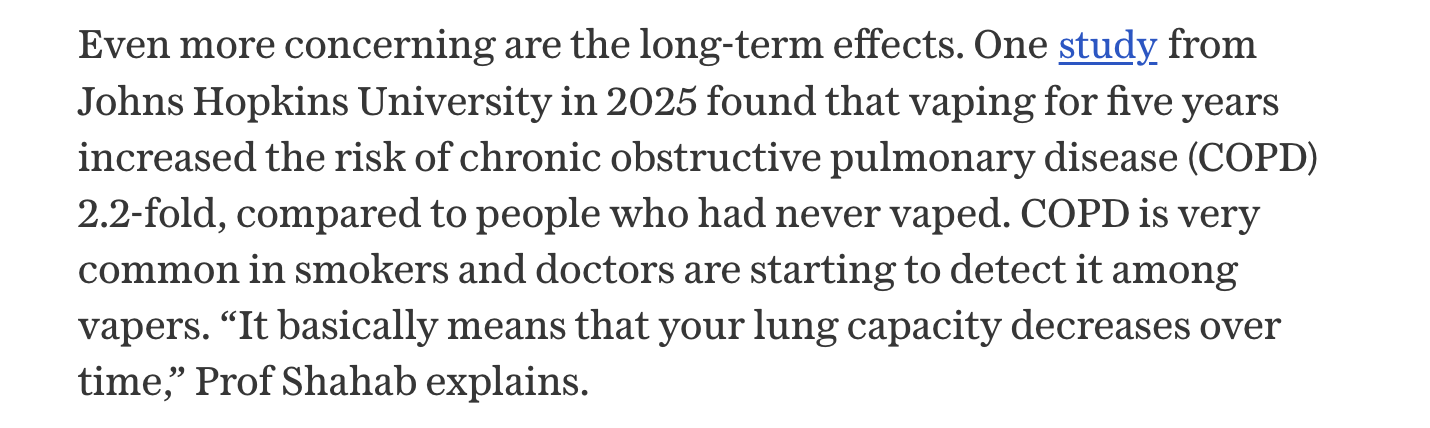 Screenshot of Telegraph claim that vaping causes COPD within five years.