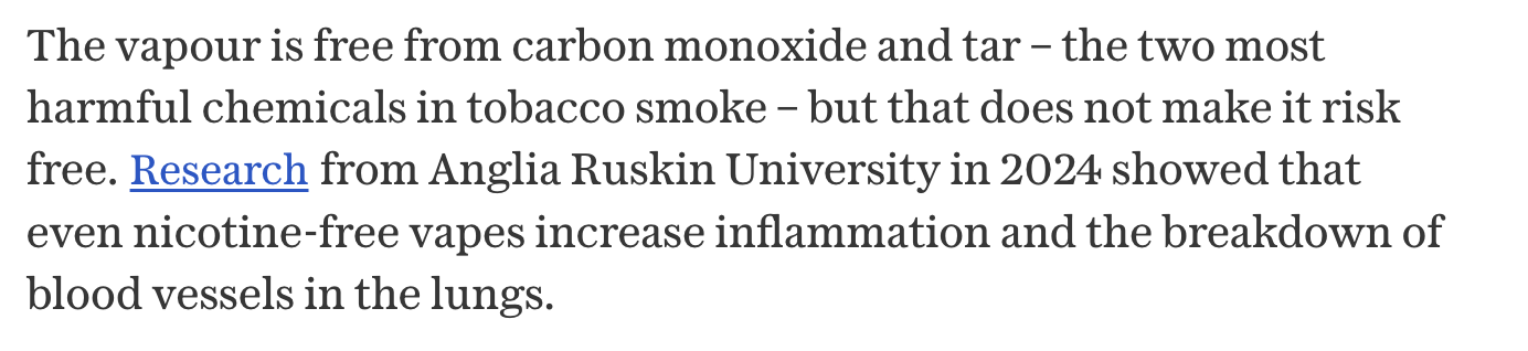 Screenshot of Telegraph claim about nicotine-free vape liquid damaging lung cells.