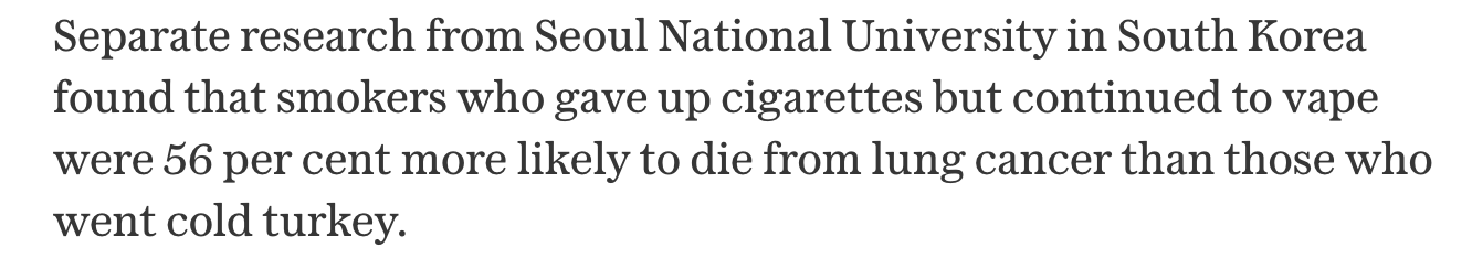 Screenshot of Telegraph cancer claim citing former smokers who vape.