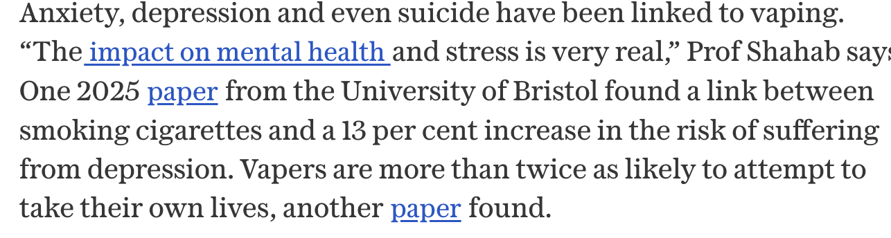 Screenshot of Telegraph claim linking vaping with depression and suicide.