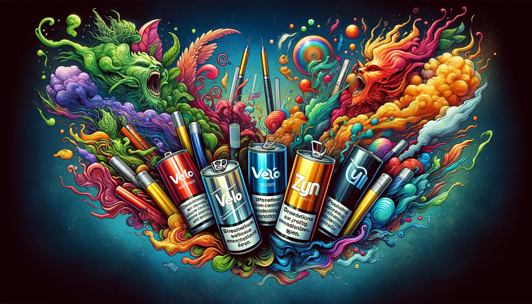 This image features a modern graphic design of nicotine pouches in Swedish snus style cans, labeled 'Velo' and 'Zyn'. The cans display a range of colors and designs, emphasizing diversity.