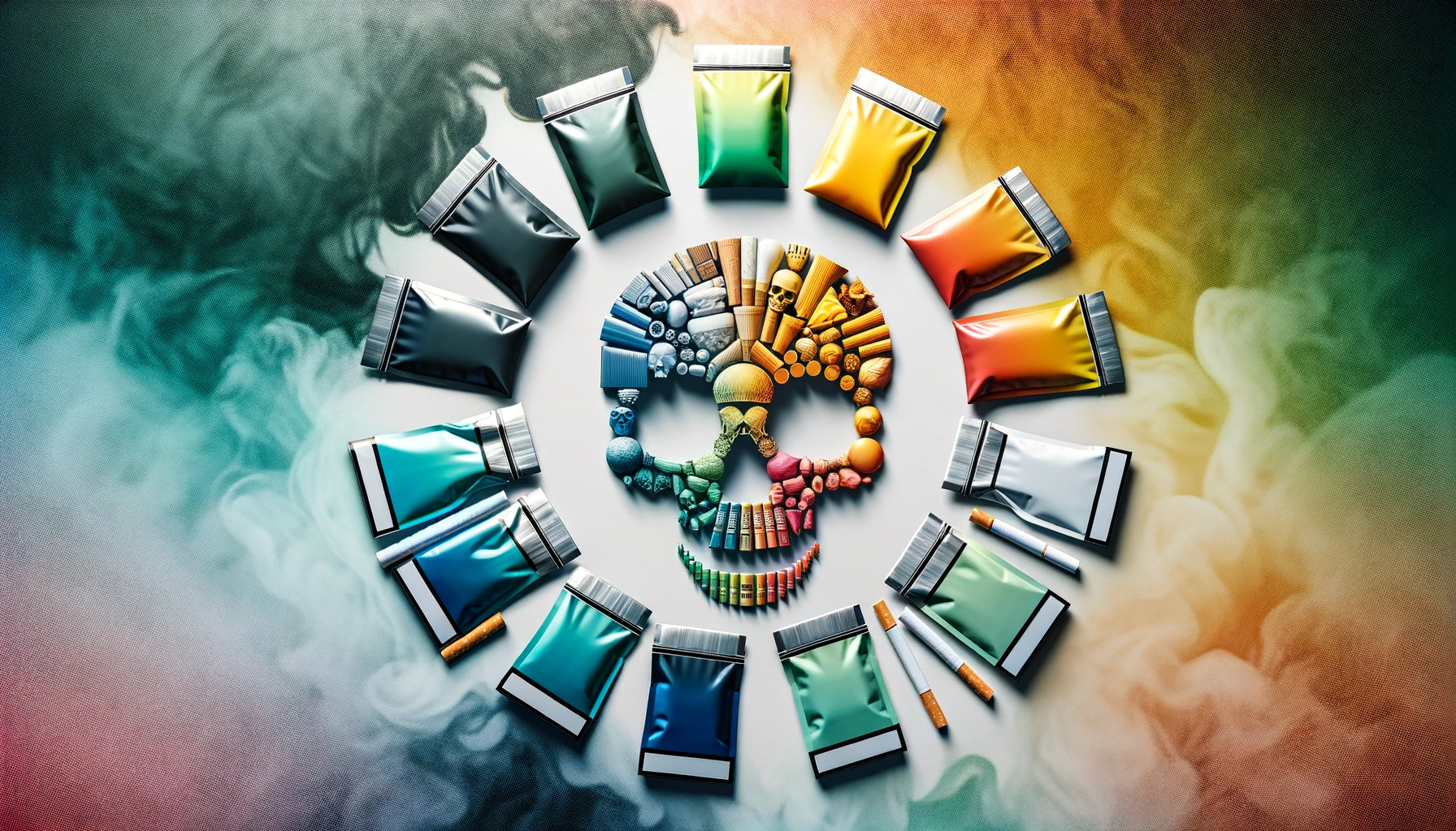 A vibrant circular arrangement of colorful art supplies, including tubes of paint, brushes, pencils, and crayons, centered around a palette of various hues, with a few artistic skulls adding a unique touch. This array is set against a dynamic background that transitions from cool to warm tones, with wisps of smoke mingling with the colors, symbolizing creativity and the blending of art and life.