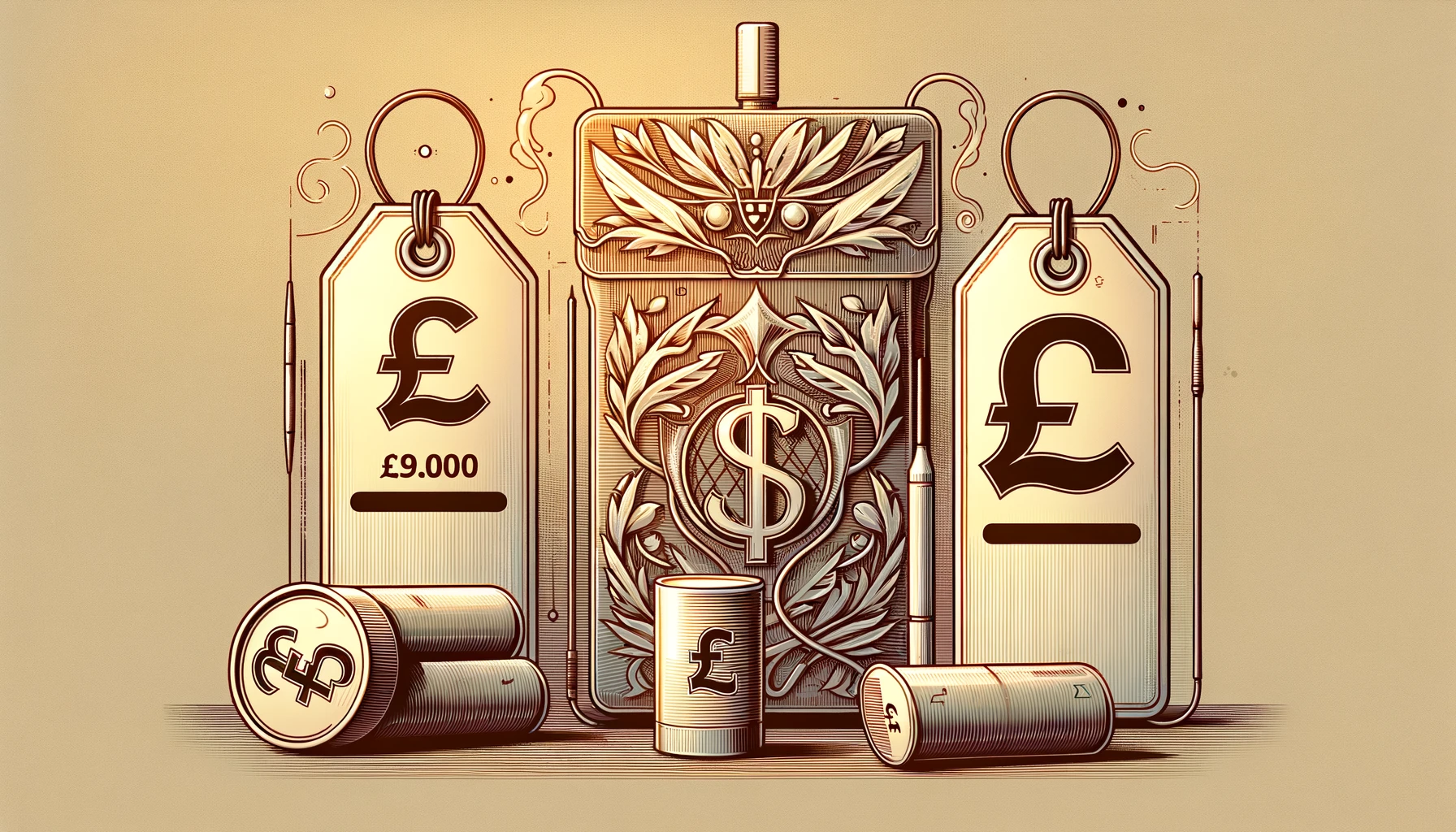 This is an artistic illustration featuring a central motif of a large flask decorated with a dollar sign and ornate leaf patterns, symbolizing wealth. Flanking the flask are two price tags with the British pound sign and an amount (£9.000), suggesting a comparison of prices or costs. In the foreground, there are stylized coins and currency rolls with pound and dollar symbols, further emphasizing financial themes. The color palette is warm with sepia tones, and the style has a vintage, etched appearance, reminiscent of old-fashioned currency engravings.