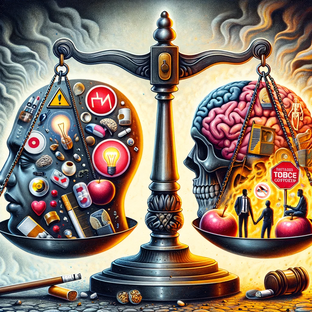 A conceptual artwork showing the balance of risk and benefit in nicotine usage. The image should depict a scale, with one side representing the therapeutic, hedonistic, and functional benefits of nicotine, and the other side showing the risks and harms. Around the scale, various societal elements like consumer choice, state intervention, and tobacco control are subtly integrated