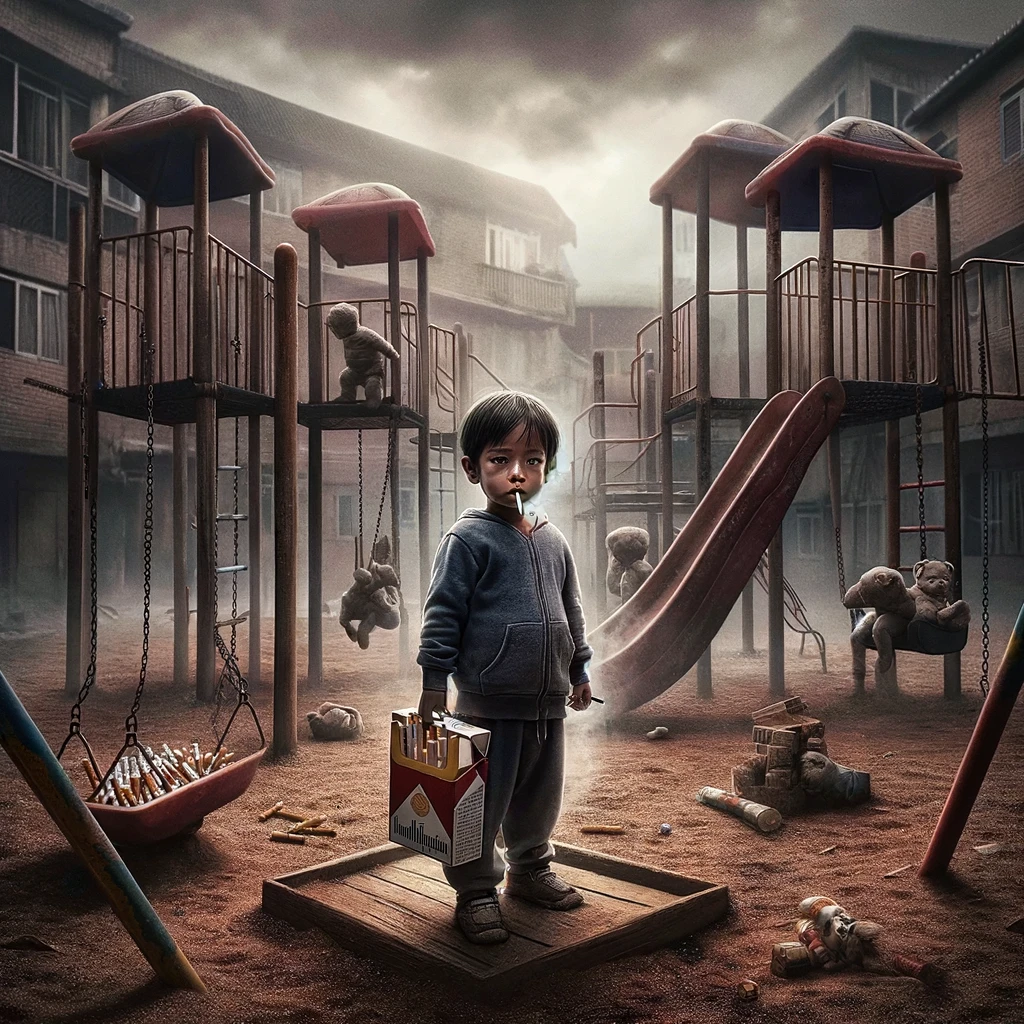 Poignant image showing the impact of illicit tobacco trade on children, with a child in a playground setting unwittingly involved in the trade.